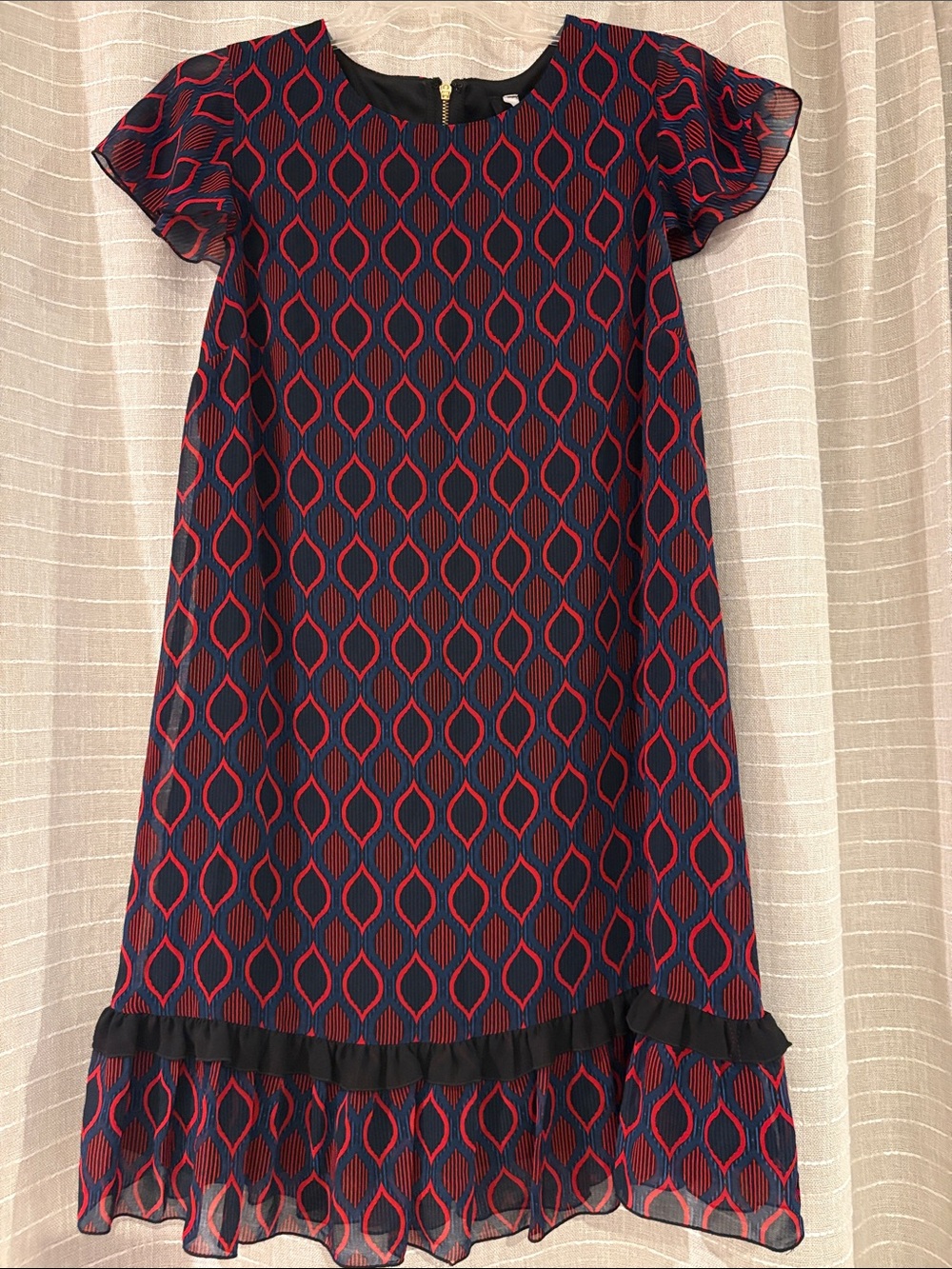Kensie Navy and Red Geometric Flutter-Sleeve Dress